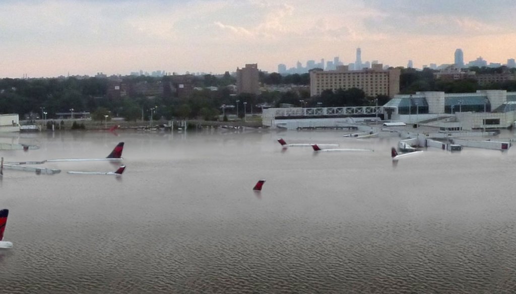 A photo purporting to show a flooded airport in Houston is actually an illustration of the effects of sea-level rise on LaGuardia Airport in New York.