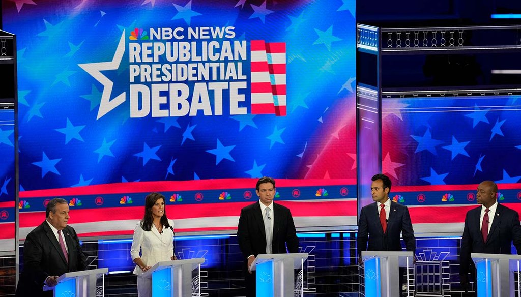 Republican presidential candidates from left, Chris Christie, Nikki Haley, Ron DeSantis, Vivek Ramaswamy and Tim Scott, participate Nov. 8, 2023, in a debate at the Adrienne Arsht Center for the Performing Arts of Miami-Dade County in Miami. (AP)