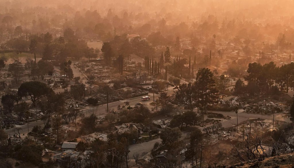 Smoke lingers Jan. 9, 2025, over a neighborhood devastated by the Eaton Fire in Altadena, Calif. (AP)