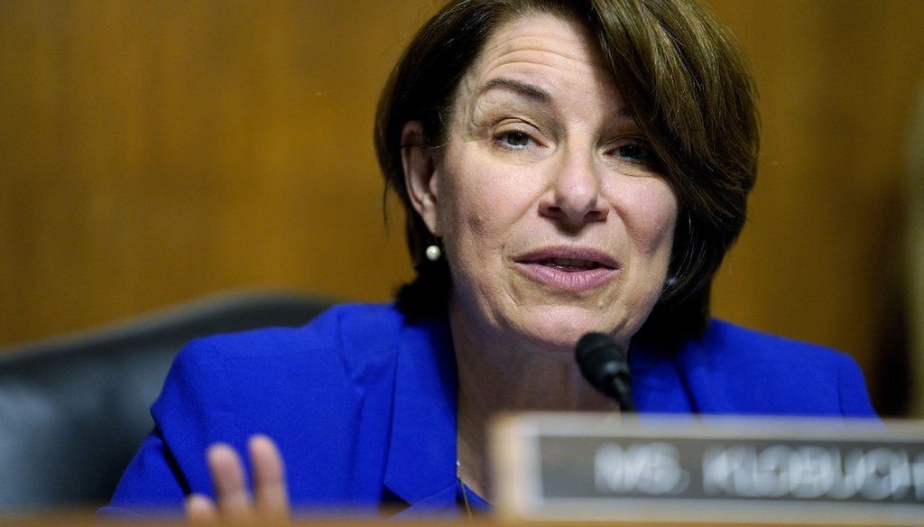 Sen. Amy Klobuchar, D-Minn., speaks during a hearing of the Senate Judiciary Subcommittee on Competition Policy, Antitrust, and Consumer Rights, on Sept. 21, 2021. (Pool via AP)