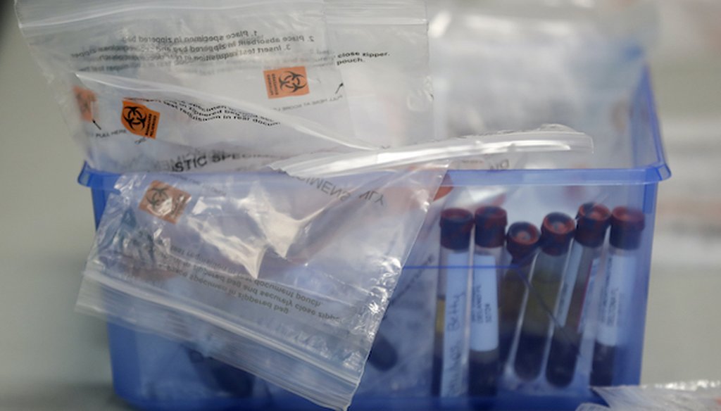 Before being sent to a lab, blood samples from COVID-19 antibody tests are packed in a container at the Volusia County Fairgrounds on May 5, 2020, in DeLand, Fla. (Associated Press)
