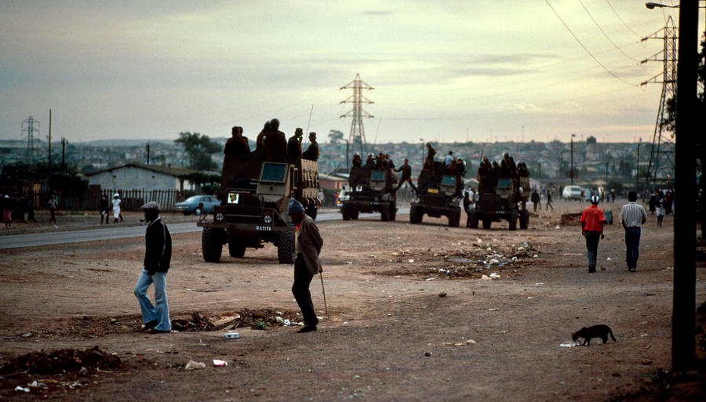 A South African army patrols Port Elizabeth in 1985 during apartheid. (UN Photo)