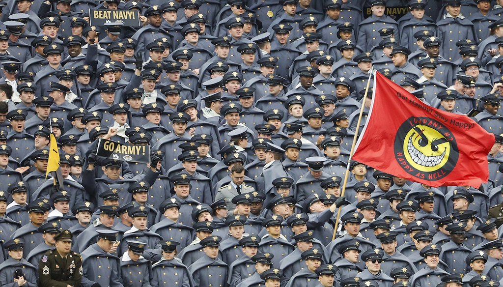 Army Cadets fill the stands at an NCAA football game between the Navy Midshipmen and the Army Black Knights at Gillette Stadium Saturday, Dec. 9, 2023, in Foxborough, Mass. (AP)