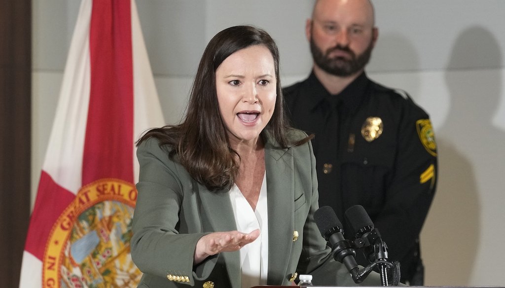 Florida Attorney General Ashley Moody speaks Jan. 26, 2023, in Miami. In October, she and other attorneys general sued Meta, Instagram and Facebook’s parent company, alleging the platforms “purposefully addict children and teens.” (AP)