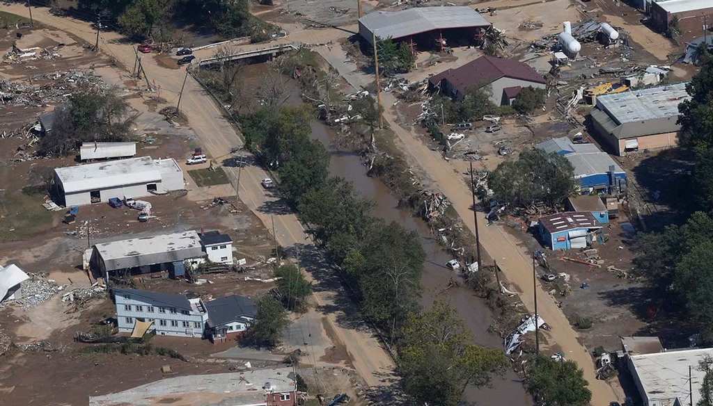 Damage from Hurricane Helene near Asheville, N.C., is seen Oct. 2, 2024, during an aerial tour. (AP)