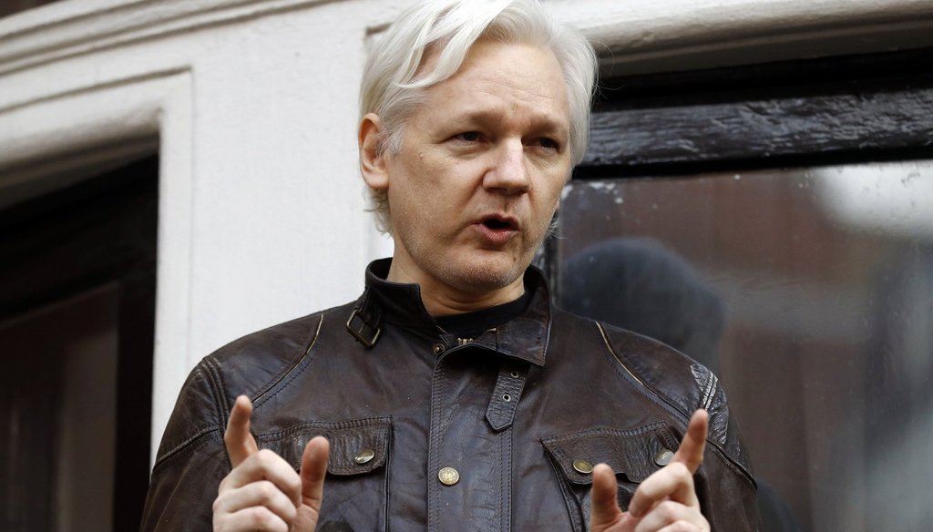 WikiLeaks founder Julian Assange addresses supporters May 19, 2017, outside the Ecuadorian embassy in London, where he has been in self imposed exile since 2012. (AP Photo)