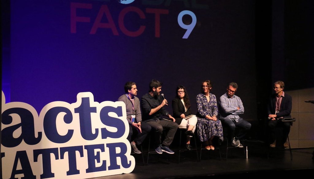 A panel about automated fact-checking featuring, left to right, Ruben Miguez, Pablo M. Fernandez, Tai Nalon, Kate Wilkinson, Bill Adair, and moderator Lucas Graves; at GlobalFact 9 in Oslo, Norway, on Friday, June 24. (Angela Trajanoski/Poynter)