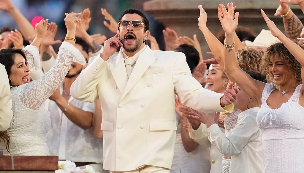 Bad Bunny performs during halftime of the NFL Super Bowl 60 football game between the New England Patriots and the Seattle Seahawks on Feb. 8, 2026, in Santa Clara, Calif. (AP)