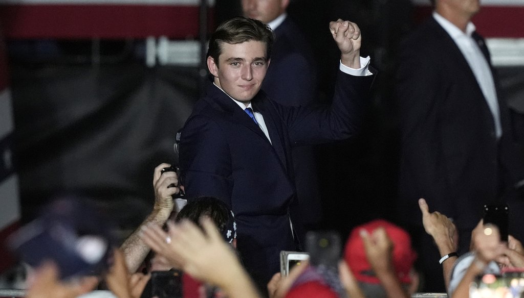 Barron Trump gestures after his father, former President Donald Trump, introduced him during a campaign rally July 9, 2024, at Trump National Doral Miami Golf Club. (AP)