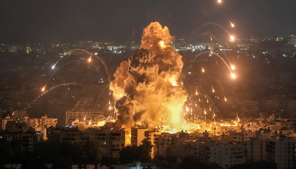 Flames and smoke rise from an Israeli airstrike in Dahiyeh, Beirut, Lebanon, Oct. 6, 2024. (AP)