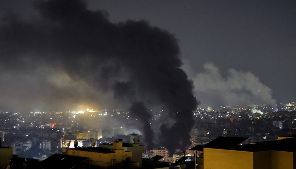 Smoke rises from Israeli airstrikes in Beirut's southern suburbs in Lebanon, Sept. 27, 2024. (AP Photo/Hassan Ammar)