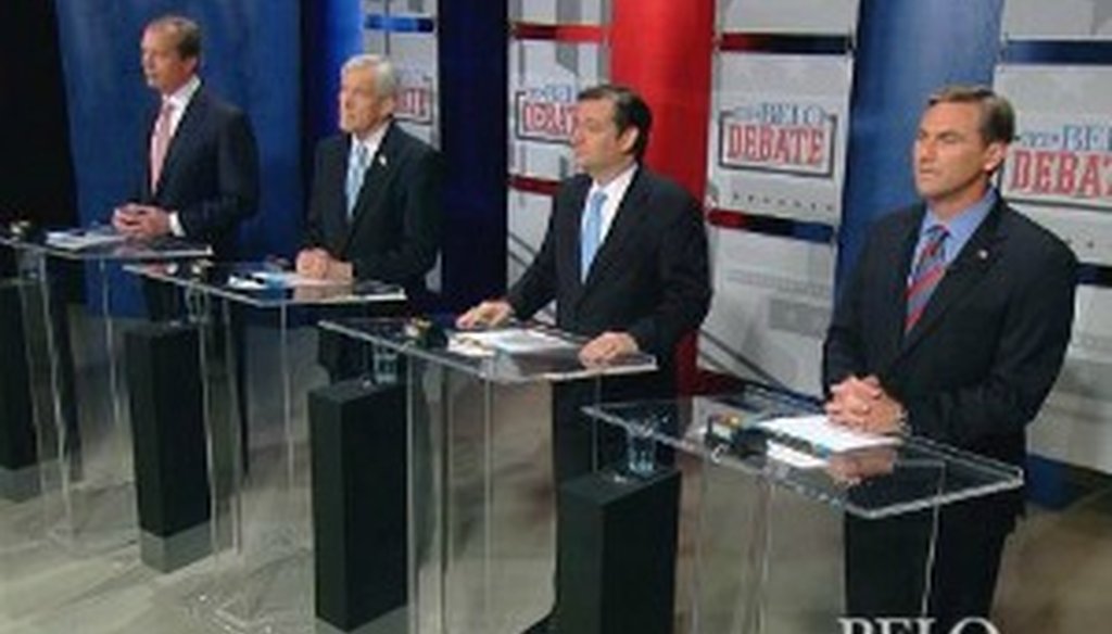 Republican U.S. Senate hopefuls (l. to r.) David Dewhurst, Tom Leppert, Ted Cruz and Craig James at the April 13, 2012, Belo Debate in Dallas. Leppert and James did not advance to the July 2012 runoff (Source: WFAA-TV, Channel 8, Dallas).