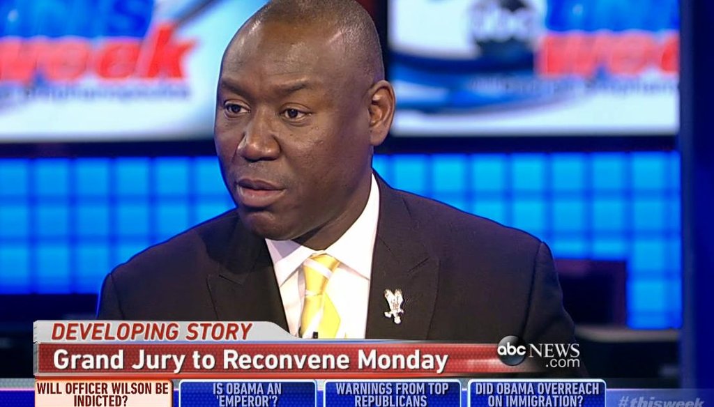 Benjamin Crump, lead attorney for the family of Michael Brown, talked about the looming grand jury decision on whether to indict police officer Darren Wilson on ABC "This Week" on Nov. 23, 2014.