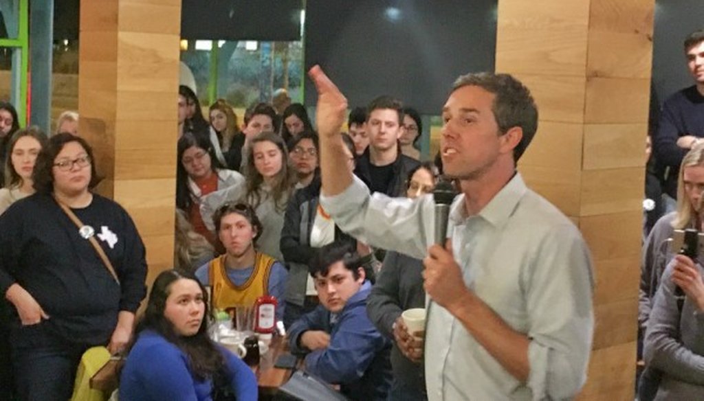 Rep. Beto O'Rourke, shown here speaking early Jan. 29, 2018, in Austin, told a Waco crowd that PTA meetings talk up children creating chaos in the face of classroom shooters (PHOTO: Jonathan Tilove, Austin American-Statesman).