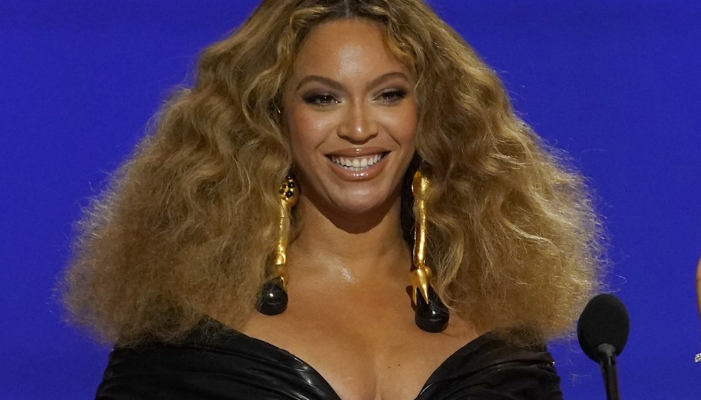 Beyoncé appears at the Grammy Awards in Los Angeles on March 14, 2021. (AP)
