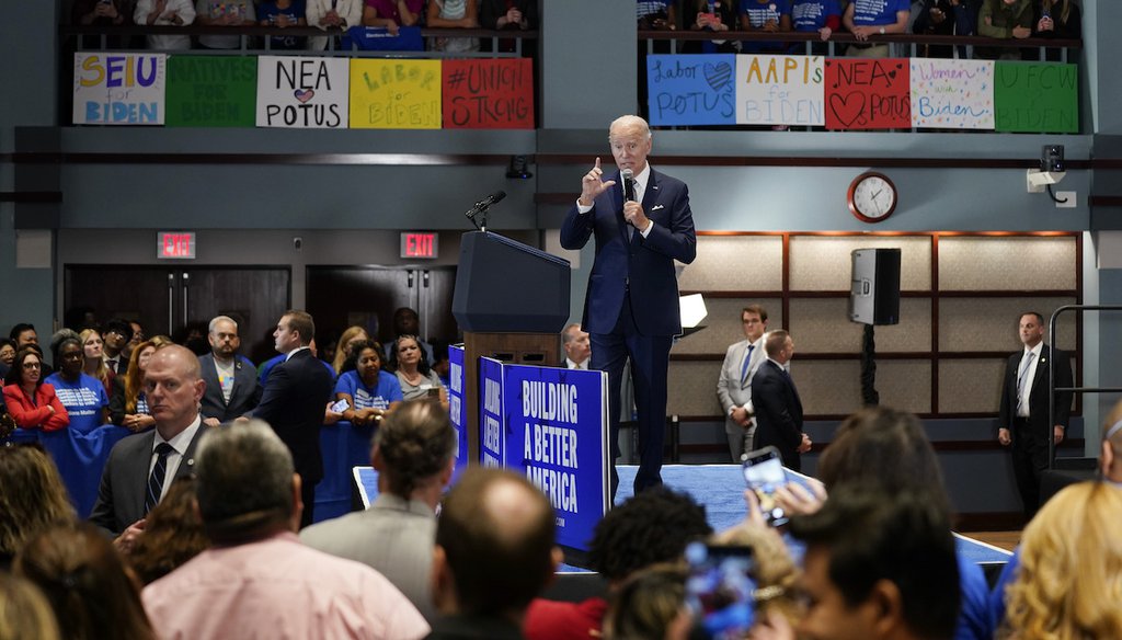 President Joe Biden speaks during a Democratic National Committee event at the National Education Association Headquarters on Sept. 23, 2022, in Washington, D.C. (AP Photo)