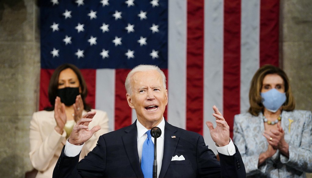 Vice President Kamala Harris, and House Speaker Nancy Pelosi of Calif., stand and applaud as President Joe Biden addresses a joint session of Congress, Wednesday, April 28, 2021, in the House Chamber at the U.S. Capitol in Washington. (AP)