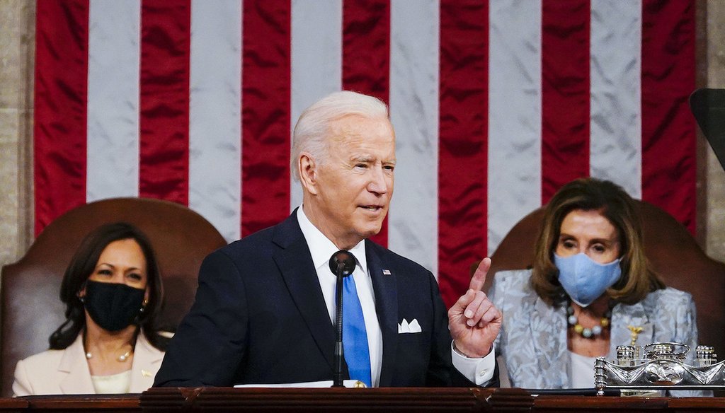 President Joe Biden addresses a joint session of Congress, Wednesday, April 28, 2021, in the House Chamber at the U.S. Capitol in Washington, as Vice President Kamala Harris, left, and House Speaker Nancy Pelosi of Calif., look on. (AP)