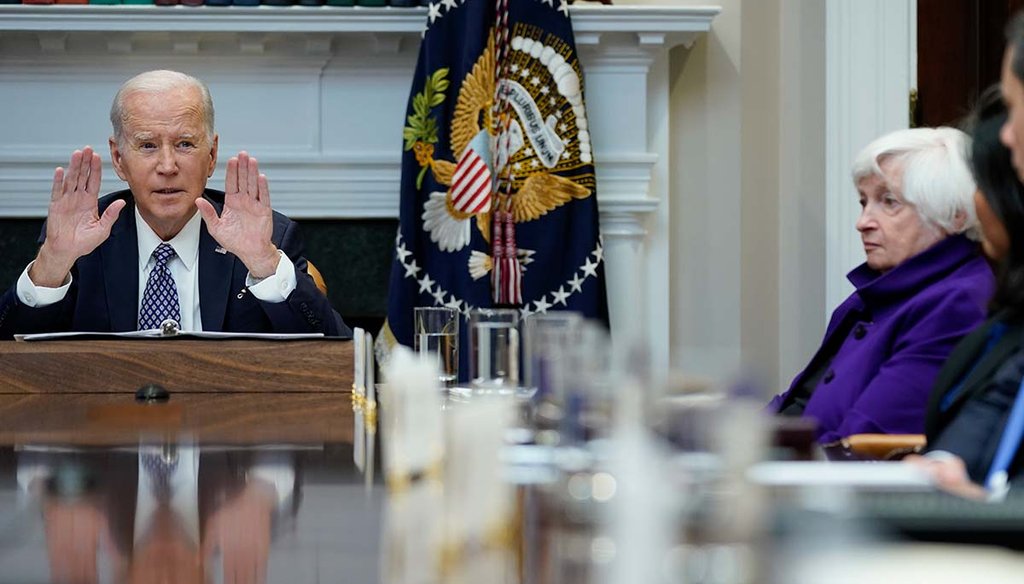 Treasury Secretary Janet Yellen listens as President Joe Biden speaks May 5, 2023, during an "Investing in America" Cabinet meeting in the White House. (AP)
