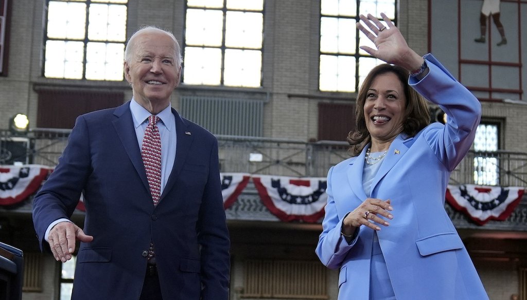 President Joe Biden and Vice President Kamala Harris wave May 29, 2024, during a campaign event at Girard College in Philadelphia. (AP)