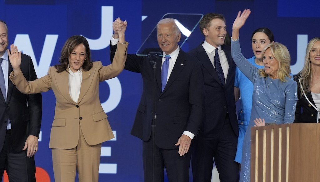 Vice President Kamala Harris, the 2024 Democratic presidential nominee, and President Joe Biden stand onstage with second gentleman Doug Emhoff, left, and first lady Jill Biden on Aug. 19, 2024, at the Democratic National Convention in Chicago. (AP)