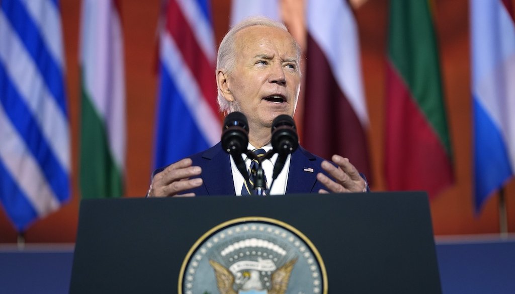 President Joe Biden speaks July 9, 2024, on the 75th anniversary of NATO at the Andrew W. Mellon Auditorium in Washington. (AP)