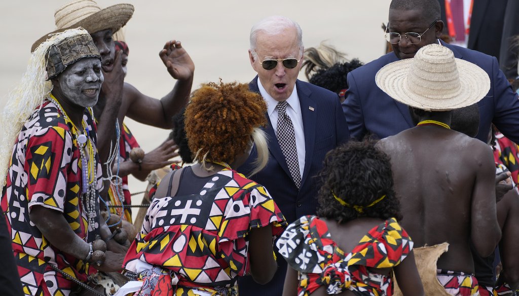 President Joe Biden watches a traditional dance after arriving at Catumbela airport in Angola, Dec. 4, 2024. (AP)