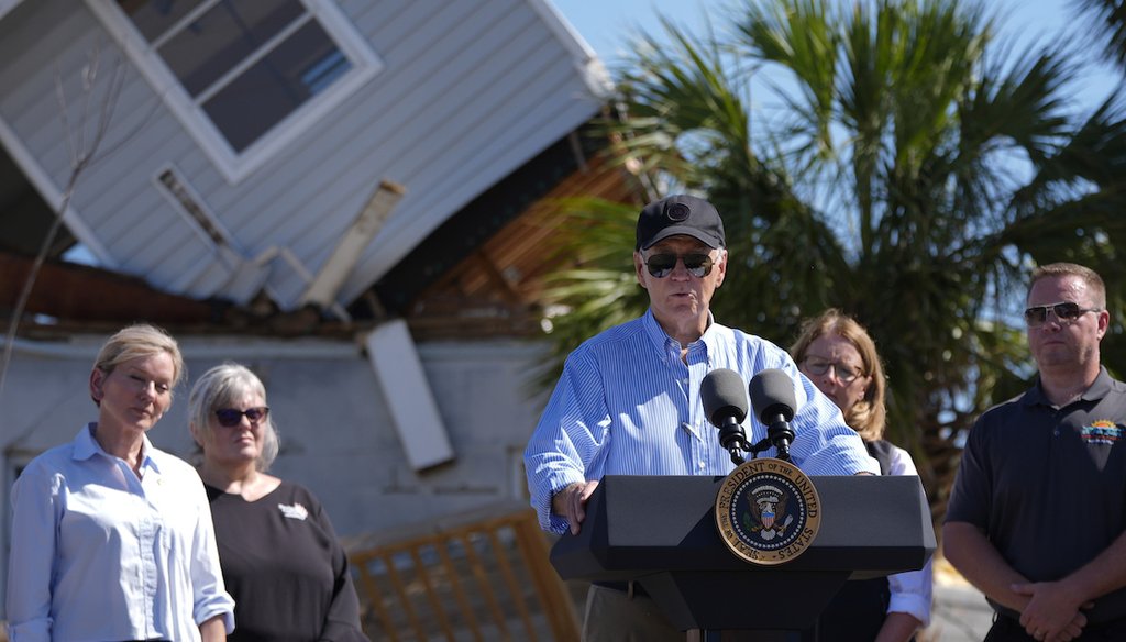 President Joe Biden speaks Oct. 13, 2024, following a briefing by federal, state, and local officials in St. Pete Beach, Fla., during a tour of areas affected by Hurricane Milton. (AP)