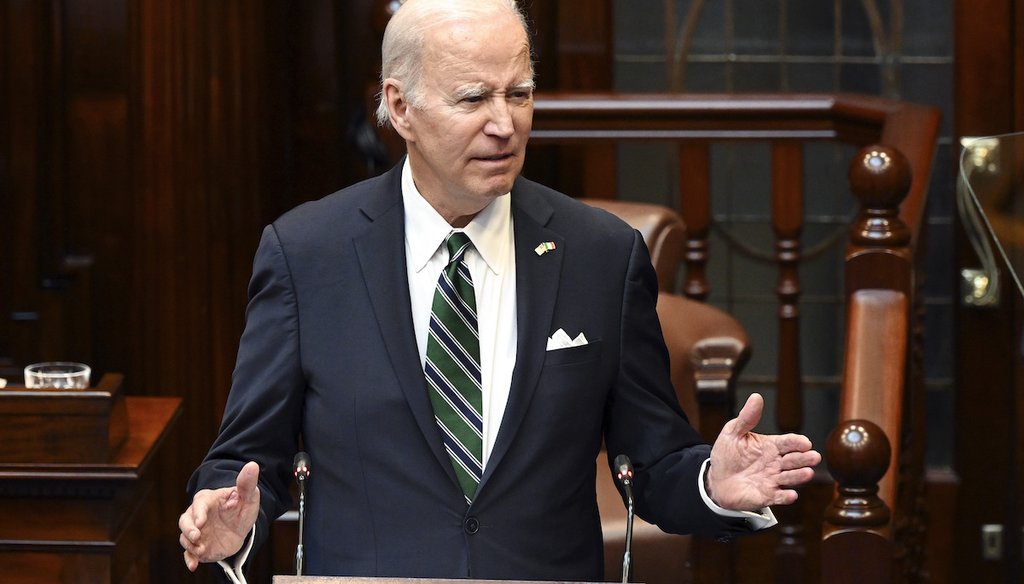President Joe Biden addresses members of the Irish parliament April 13, 2023, at Leinster House in Dublin. (Kenny Holston/The New York Times via AP)
