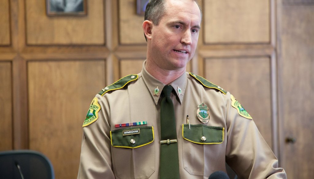 Vermont State Police Director Matthew Birmingham speaks at a press conference in January, 2018. Photo by Mike Dougherty/VTDigger