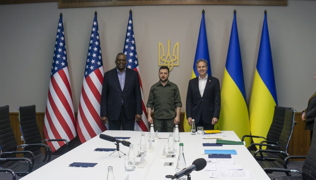 In this image provided by the U.S. Department of Defense, Secretary of Defense Lloyd Austin, left, and Secretary of State Antony Blinken, right, meet with Ukrainian President Volodymyr Zelenskyy on April 24, 2022 in Kyiv, Ukraine.