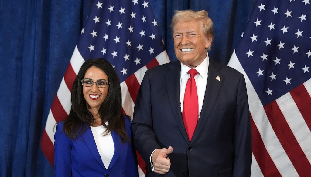 President-elect Donald Trump poses for a photo with Rep. Lauren Boebert, R-Colo., before he speaks at a campaign rally at the Gaylord Rockies Resort & Convention Center, Oct. 11, 2024, in Aurora, Colo. (AP)