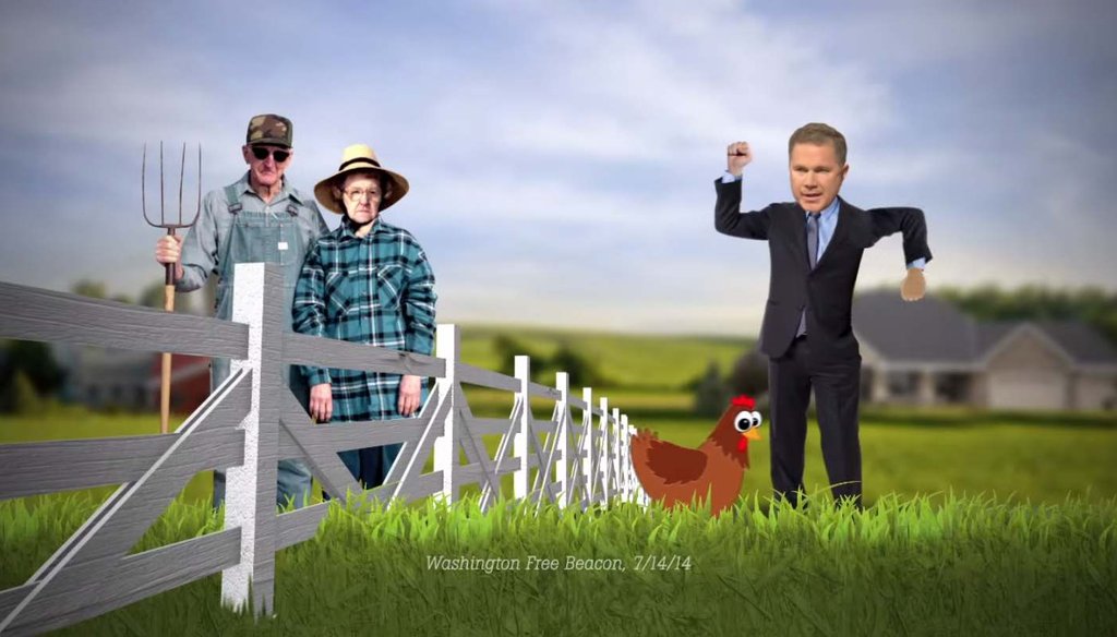 A July American Crossroads ad says Rep. Bruce Braley, D-Iowa, threatened to sue when his neighbor's chickens came into his yard. Republican Joni Ernst said the same thing at a debate Sunday.