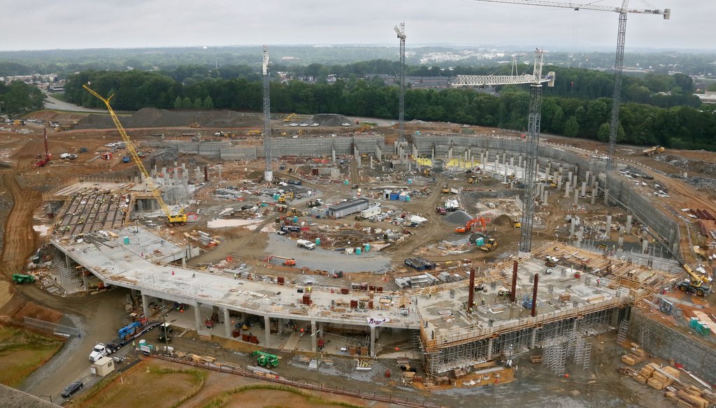 Construction of SunTrust Park, futue of home of the Atlanta Braves, in late May. 