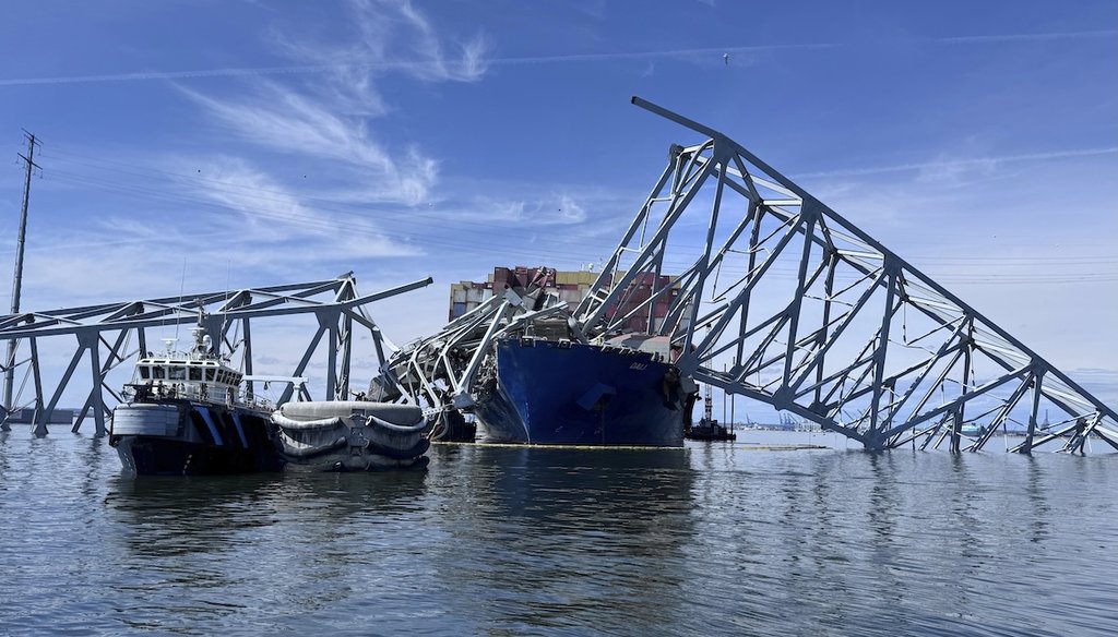The fallen Francis Scott Key Bridge in Baltimore is pictured March 31, 2024, where divers assisted crews with the complicated and meticulous operation of removing steel and concrete. (AP)