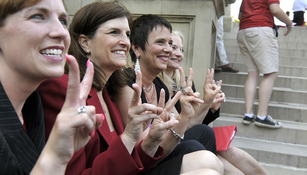 Playwright Eve Ensler, second from right, traveled to Michigan for a rally and performance of 'The Vagina Monologues' after state Rep. Lisa Brown, second from left, was barred from speaking. 