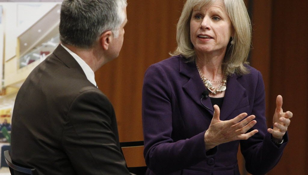 Democratic gubernatorial candidate Mary Burke is shown with moderator Mike Gousha Tuesday, March 25, 2014 during a forum at Marquette University. JS photo Mark Hoffman