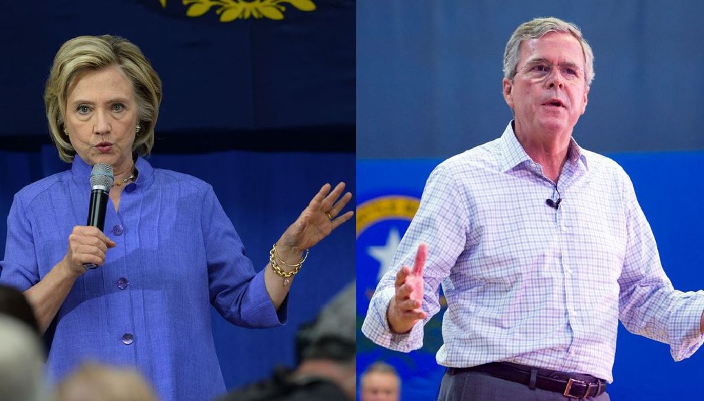 Left: Democratic presidential candidate Hillary Clinton hosts an event in New Hampshire Aug. 10. (Darren McCollester/Getty Images)  Right: Former Florida Gov. Jeb Bush speaks  in Nevada Aug. 12, 2015. (Steve Marcus/Las Vegas Sun via AP)