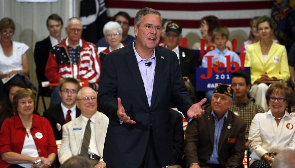 Republican presidential candidate and former Florida Gov. Jeb Bush speaks during a town hall style campaign stop n Englewood, Colo., Aug. 25, 2015. (AP Photo/Brennan Linsley)