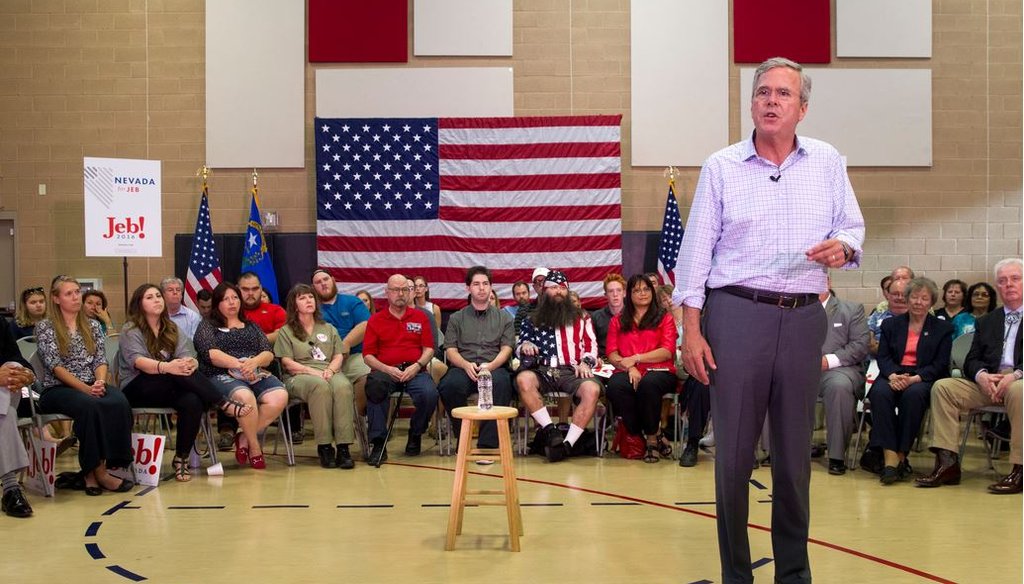 Former Florida Gov. Jeb Bush responds to a question during a town hall meeting at the Pearson Community Center in North Las Vegas, Nev., Aug. 12, 2015. (Steve Marcus/Las Vegas Sun via AP)