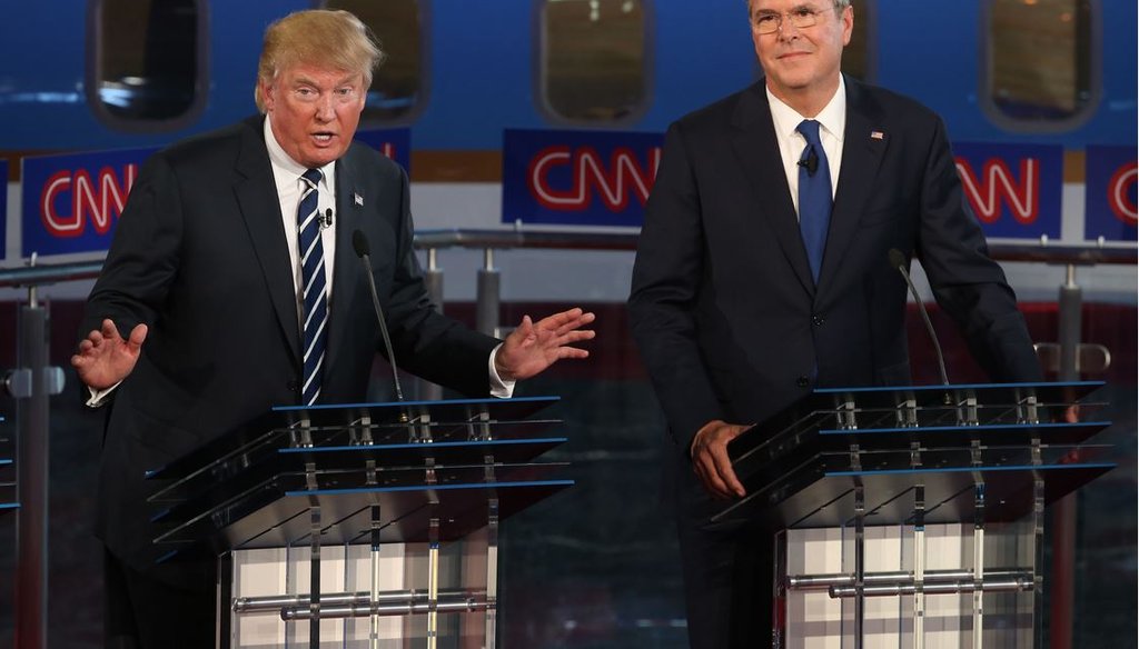 Republican presidential candidates Donald Trump and Jeb Bush take part in the presidential debates at the Reagan Library on Sept. 16, 2015 in Simi Valley, Calif. (Photo by Justin Sullivan/Getty Images)