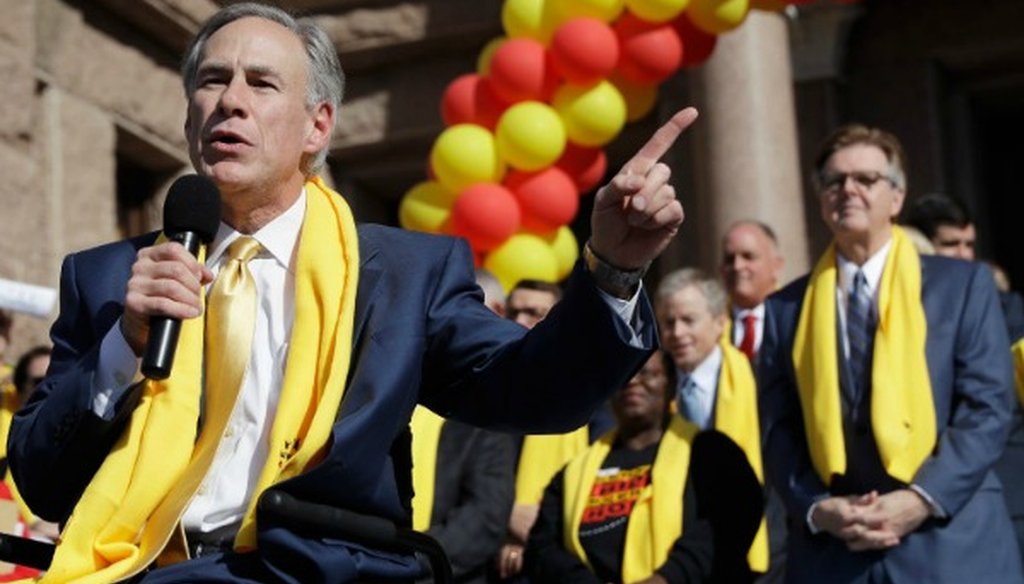 Gov. Greg Abbott and Lt. Gov. Dan Patrick stand on the Capitol steps at a Jan. 24 School Choice Rally. CREDIT: AP Photo/Eric Gay