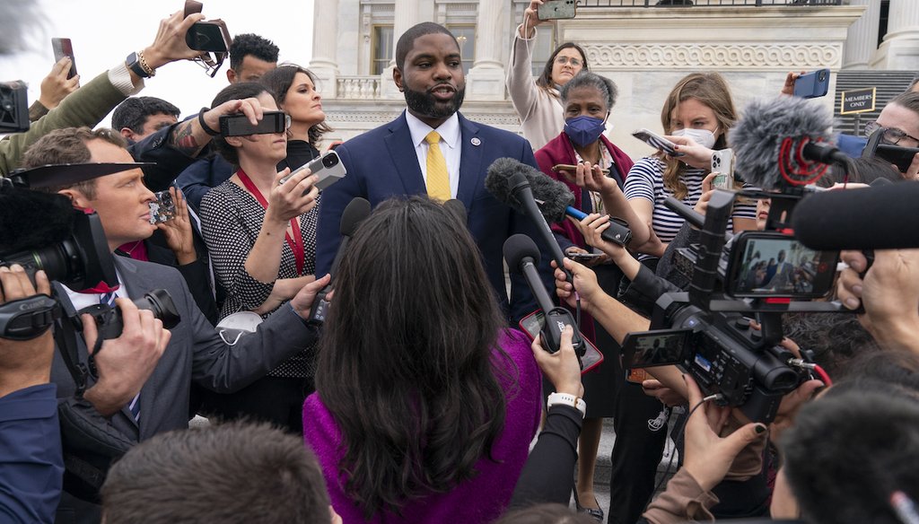 Rep. Byron Donalds, R-Fla., who has been nominated for Speaker of the House, speaks to the media Jan. 4, 2023, on the House steps on Capitol Hill in Washington. (AP)