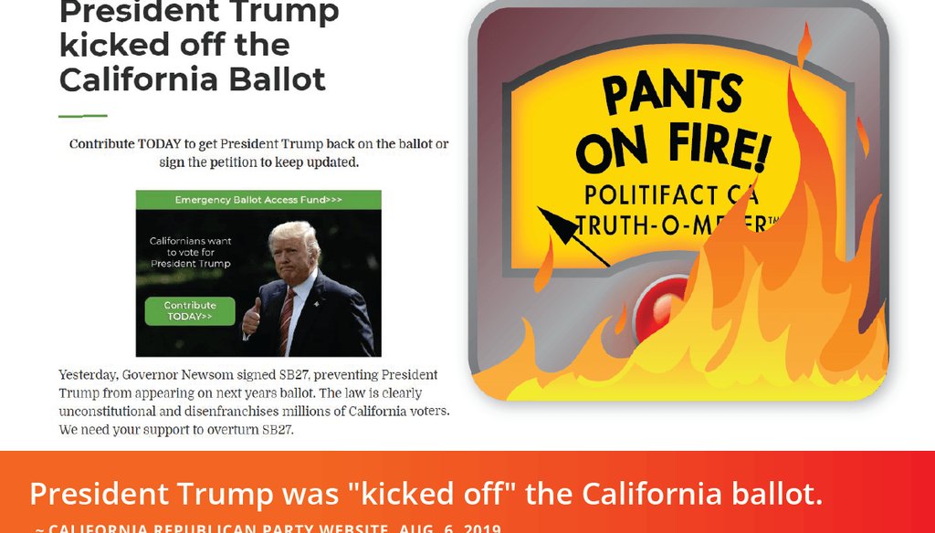 A new California law requires candidates for president and governor to release five years of tax returns, but hasn't kicked anyone off the ballot as the California Republican Party claimed in a fundraising pitch.