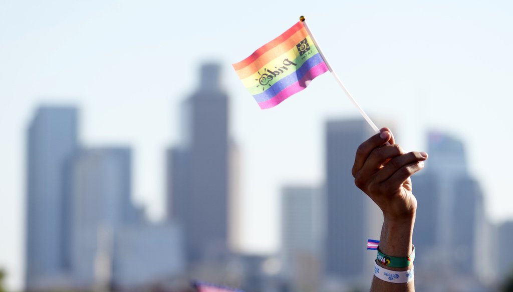 A pride flag is waved against the downtown Los Angeles skyline during the LA Pride in the Park festival at Los Angeles State Historic Park, June 8, 2024. (AP)