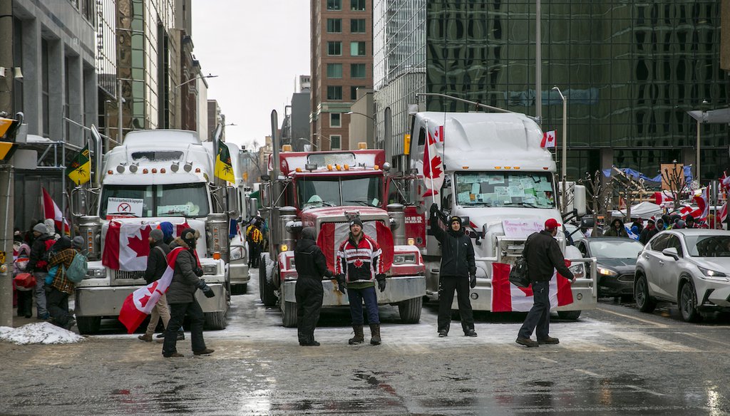 Truck drivers and others protest COVID-19 pandemic restrictions in Ottawa, Ontario, on Feb. 12, 2022. (AP)