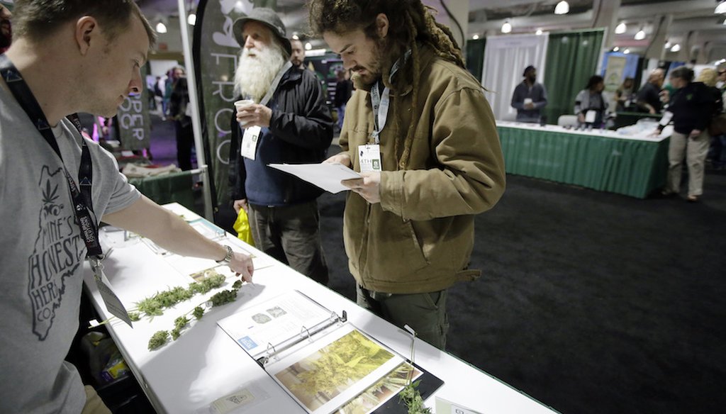 A passer-by, center right, examines marijuana samples at the New England Cannabis Convention, Sunday, March 25, 2018, in Boston. (AP)