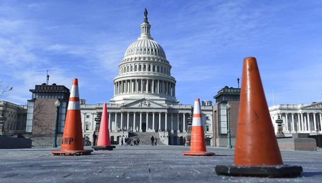 Construction cones stand along the sidewalk at the U.S. Capitol on Jan. 19, 2018. (AP /Susan Walsh)
