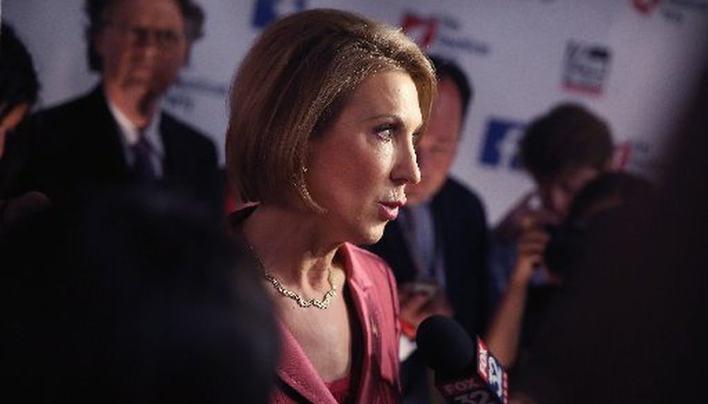 Carly Fiorina, shown here talking to reporters after the early Republican presidential debate Aug. 6, 2015, has Texas roots (Photo by Scott Olson/Getty Images).