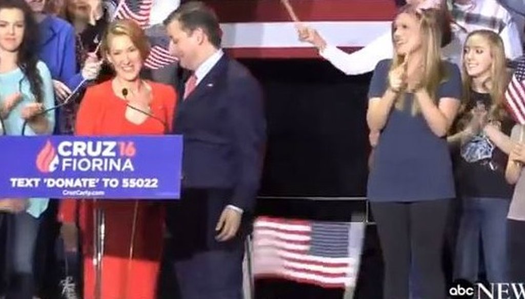 Carly Fiorina smiles on her introduction as Ted Cruz's desired running mate, in Indianapolis April 27, 2016 (ABC News screen grab).
